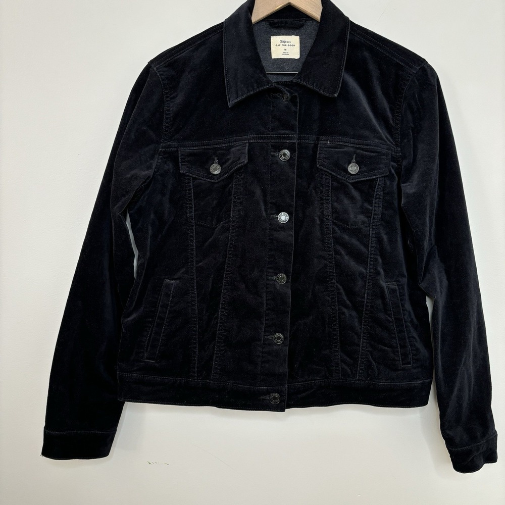 Gap Icon Jacket Black Velour Velvet Trucker Medium Preppy Classic Whimsigoth
